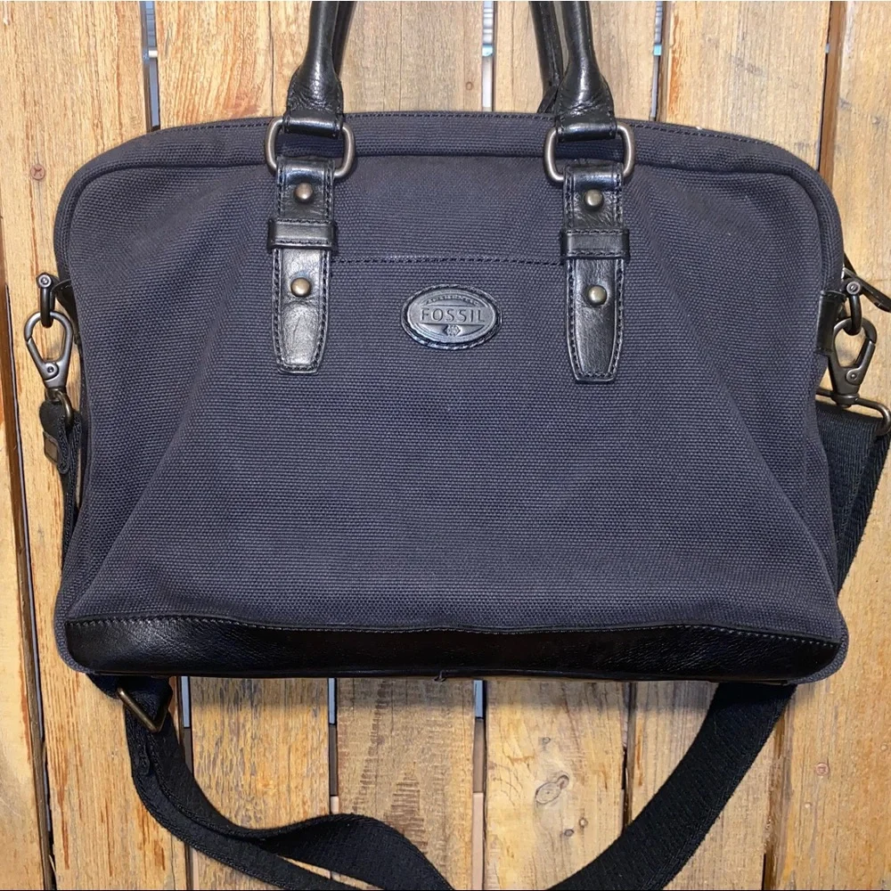 Fossil Black Canvas Laptop Nag with Leather Trim